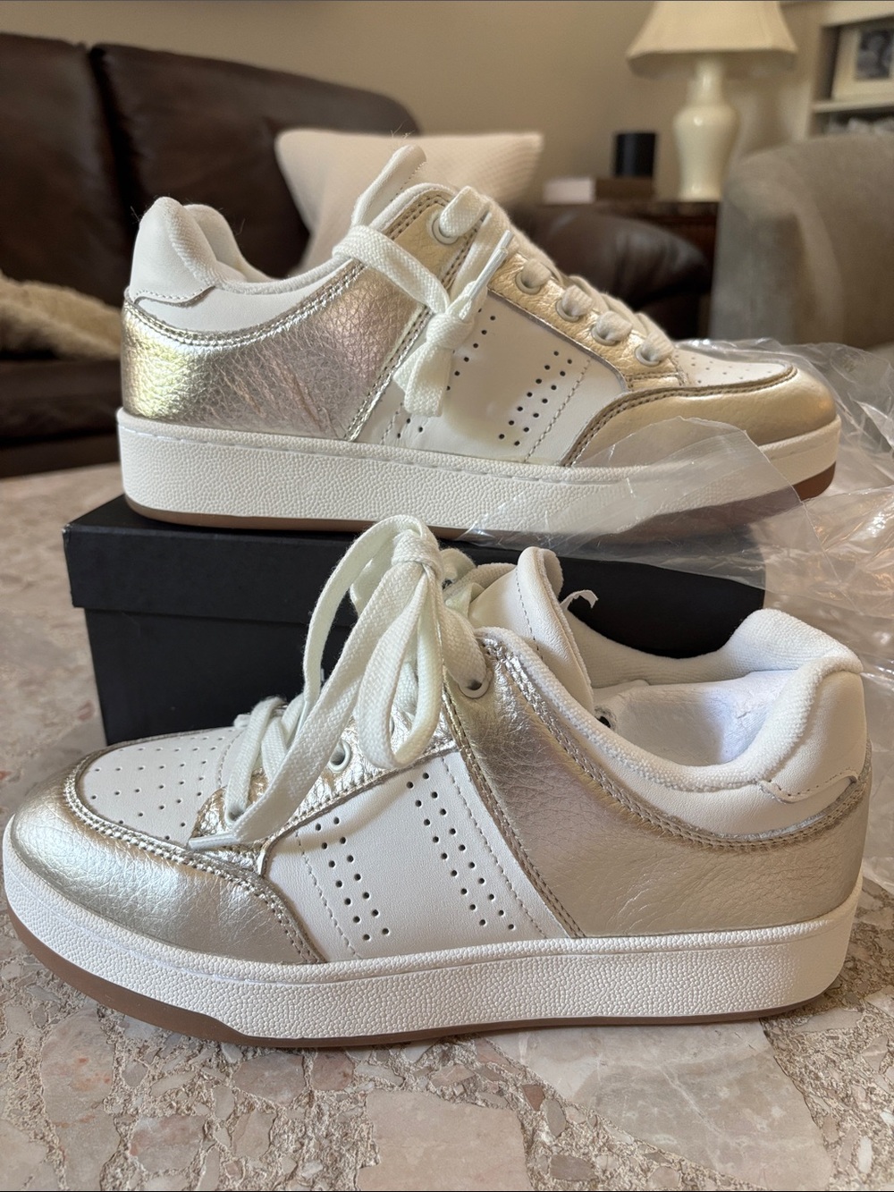 Marc Fisher LTD Flynnt low-top sneakers in an ivory and metallic finish. **NEW**
